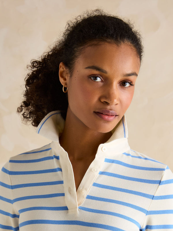 Joules Fairfield Blue Striped Ribbed Long Sleeve Striped Polo Shirt