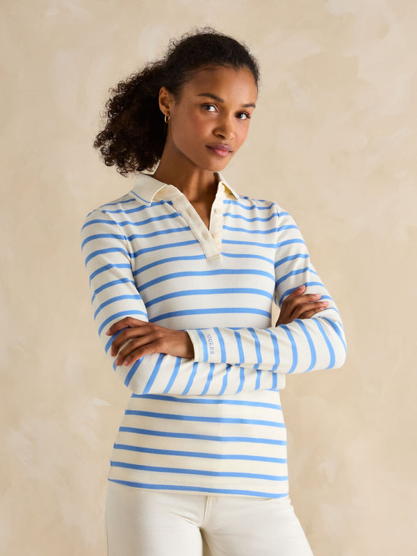 Joules Fairfield Blue Striped Ribbed Long Sleeve Striped Polo Shirt