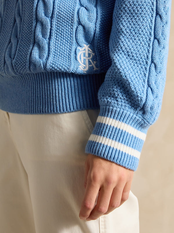 Joules Dibbly Blue Cotton Cable Knit Cricket Jumper