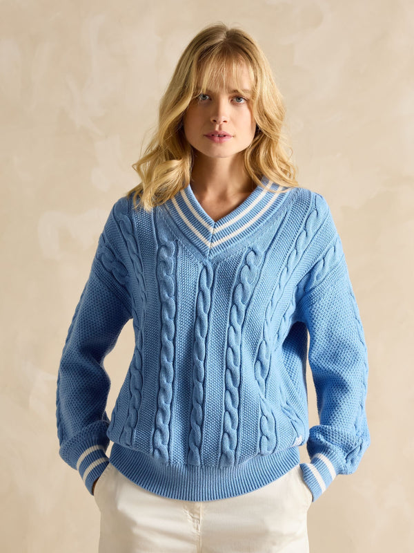 Joules Dibbly Blue Cotton Cable Knit Cricket Jumper